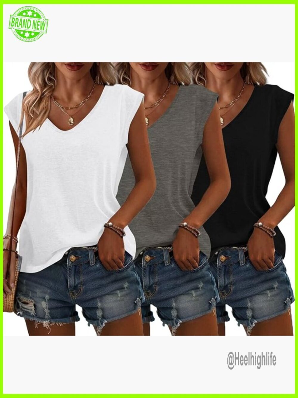 3 Pack V-Neck Cap Sleeve Tops, Loose Fit Tank Tees for Summer & Workout